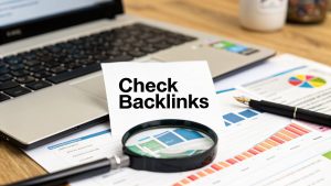 Check backlinks for Google Disavow List creation. SEO promotional image. Website Services-Kansas City.