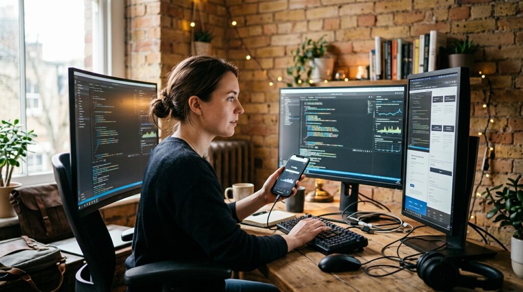 A person at a desk views code across dual monitors beside a tethered phone in a sunlit, brick-walled studio.