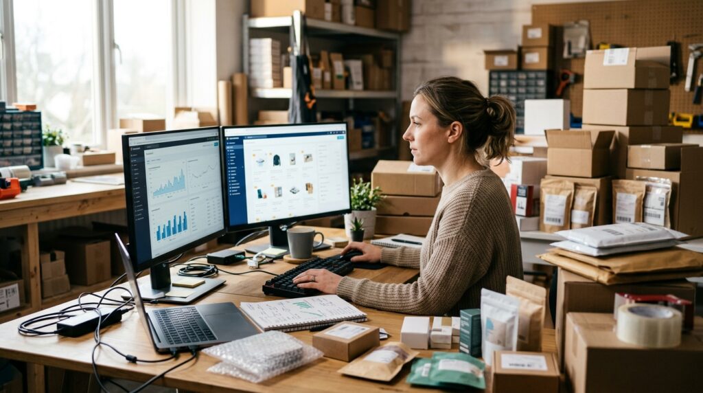 A person looks at two computer monitors surrounded by shipping boxes, packages, and notes in a sunlit workshop.